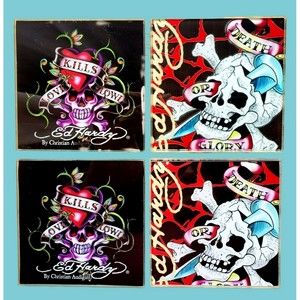 Don Ed Hardy Designs By Christian Audigier Skulls Set Of 4 Glass Drink Coasters